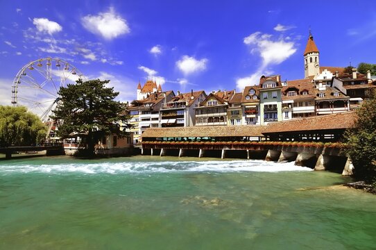 Historic centre of Thun with a Ferris wheel, lower lock of the Aare River, Thun, Canton of Bern, Switzerland