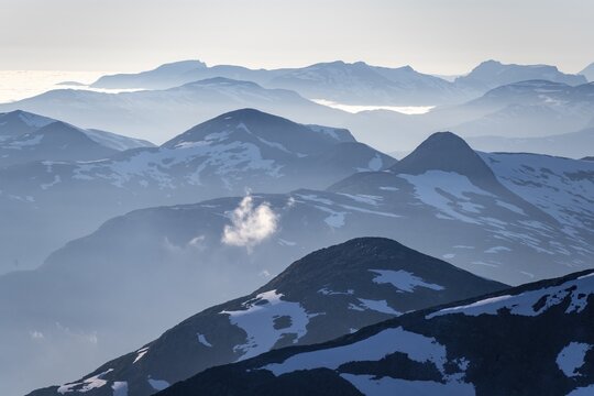 Glacier and mountains in Jostedalsbreen National Park, view from the top of Sk&aring;la mountain, Breheimen mountain range, Stryn, Vestland, Norway