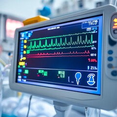 Fototapeta premium Close-up of a hospital patient monitor displaying dynamic green and red ECG waveforms and numerical vital signs, symbolizing medical care and advanced diagnostics, Healthcare, ICU