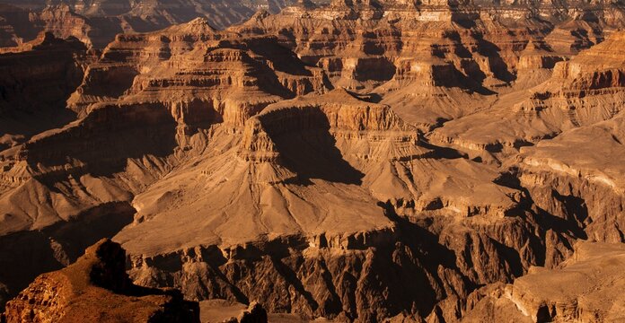 Eroded rocks, Canyon landscape, Grand Canyon in the evening light, South Rim, Grand Canyon National Park, Arizona, USA