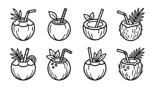 Tropical coconut drinks with straws and leaves in a clean white background line drawing style