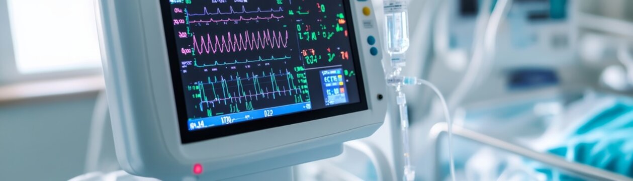 Close-up of a medical monitor displaying patient vital signs and ECG waveforms in an ICU, with an IV drip nearby, representing critical healthcare and technology. Healthcare,