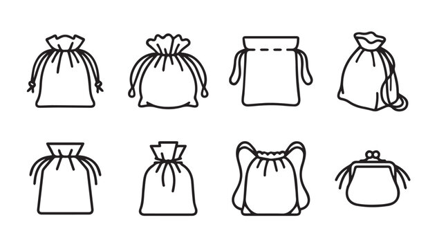 Various drawstring pouches and coin purse line art designs on white background