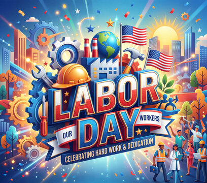 Labor Day Celebration With Workers and Symbols of Industry in a Colorful City Scene