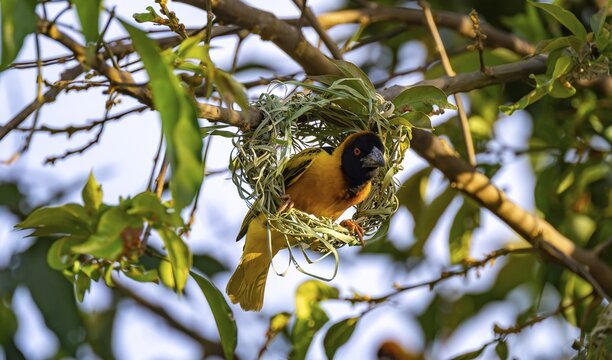 Village weaver (Ploceus cucullatus, Textor cucullatus) at the unfinished nest, during nest building, also Textor weaver, Uganda