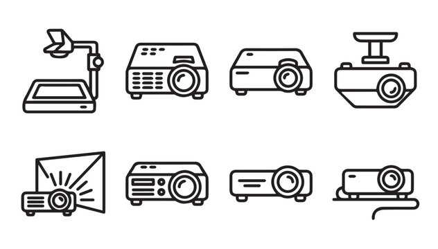 Various projectors and document camera icons in a clean outline style on white