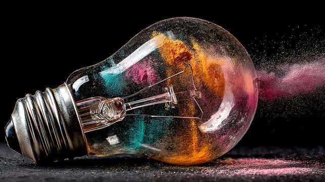 Clear glass light bulb filled with colorful powder particles exploding on a dark textured