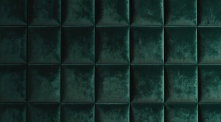 Fototapeta premium Deep green velvet wall panels have square padded texture. Rich textile surface adds luxury and comfort to any interior space with its depth and soft sheen.