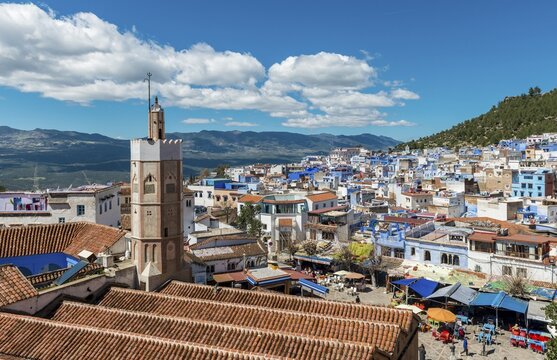 Great Mosque with minaret at the city center, Kasbah, view over Chefchaouen, Chaouen, Tangier-T&eacute;touan, Morocco, Africa
