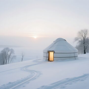 Traditional white yurt in snowy winter landscape, nomadic dwelling in frozen arctic tundra at sunrise, cozy glamping tent in remote wilderness
