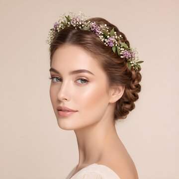 Elegant bridal portrait of young woman with braided hairstyle and floral crown, beautiful bride with flower headpiece, romantic wedding beauty