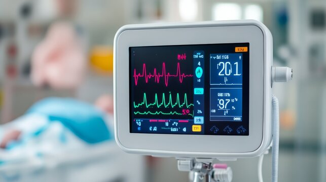 Close-up patient monitor displaying vital signs ECG, SpO2 and numerical data, against a blurred hospitalICU background. Emphasizing critical care and medical technology.,Healthcare