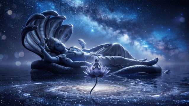 Lord Vishnu Anantashayana &ndash; Blue Cosmic Ocean Divine Scene