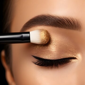 Glamorous gold eyeshadow application with makeup brush, shimmering metallic eye makeup on female model, professional beauty and cosmetics concept