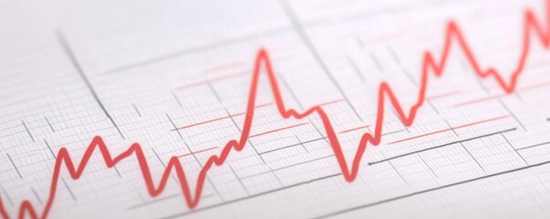 Fototapeta premium Dynamic close-up A sharp red line tracing fluctuations on white grid paper, symbolizing vital data, heart rate, or stock market trends. Visualizing progress and change. ,Analytics