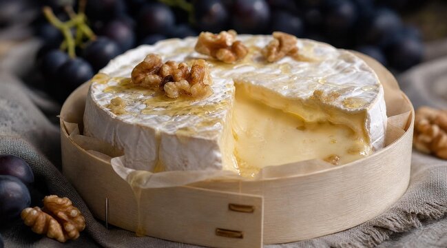 Creamy Camembert Cheese with Honey Walnuts and Grapes in Wooden Box