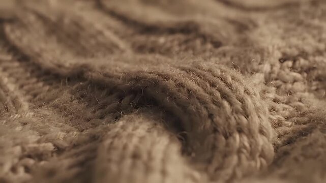 Closeup macro shot of a brown knitted fabric texture with intricate cable knit pattern.