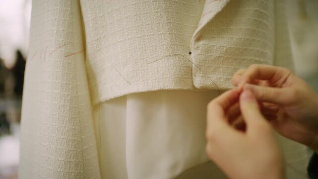 Close up of a textured white garment on a dress form, with a designer adjusting the wide sleeve