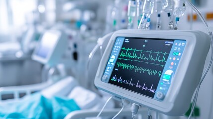 Fototapeta premium Modern medical monitor displaying vital signs (ECG) in focus, with blurred ICU patient bed and IVs in background, signifying critical hospital care and technology. ,Healthcare,