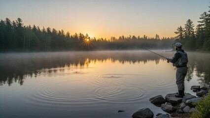 Fototapeta premium Man fly fishing in a foggy lake at sunrise. Sport hobby outdoor activity. Outdoor recreation for nature and travel.