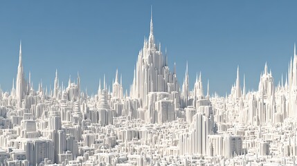 Obraz premium Dense futuristic white city with tall spires and intricate architectural structures under