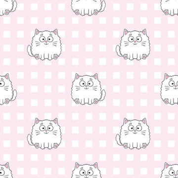 Cute white cat seamless pattern with funny emotions and activities on grid background