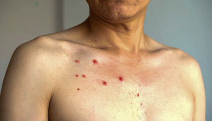 Naklejka premium A localized allergic reaction creates red bumps and a small wound on a torso after contact with a stinging plant.