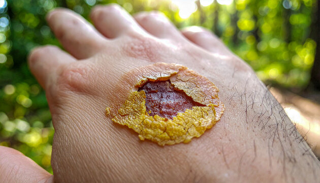 A macro shot focuses on a dry scab forming over a healing scratch on a hand surrounded by natural outdoor lighting.