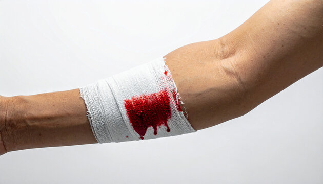 A pressure bandage is wrapped tightly around a bleeding wound on an upper arm to control blood flow after a mishap.