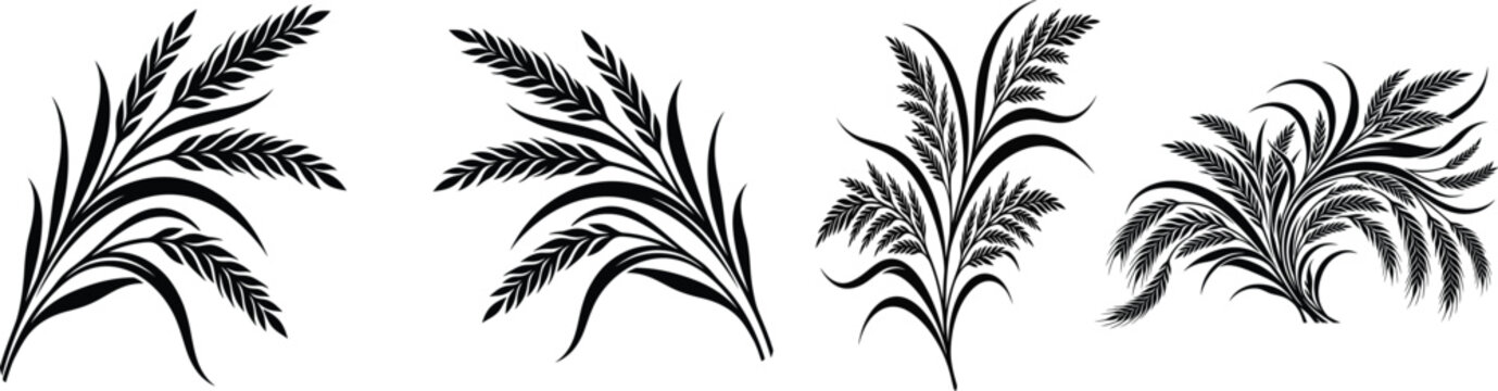 Wheat sheaf and stalks silhouette vector set, agricultural and bakery elements