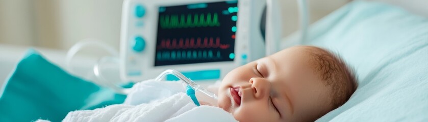 Naklejka premium Serene sleeping infant with intubation, monitored by a medical ventilator and vital signs display in a hospital ICU. A powerful image of neonatal fragility and life-saving technology.