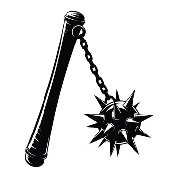Medieval flail weapon with spiked ball and chain black and white silhouette