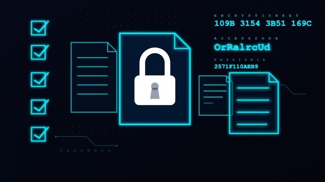 Animation of glowing document icons, a padlock, and a checklist with cycling alphanumeric encryption codes on a dark digital background. Concept of cyber security and data privacy