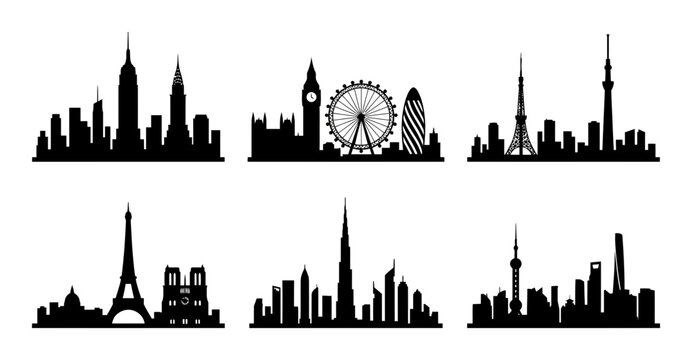 Global City Skylines Vector Set, iconic urban silhouettes, famous landmark illustrations, travel destination graphics for web and print design