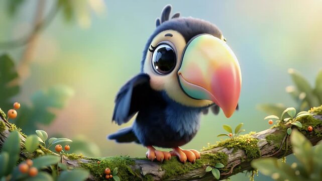 Cute cartoon toucan with big colorful beak perched on mossy branch in lush forest setting