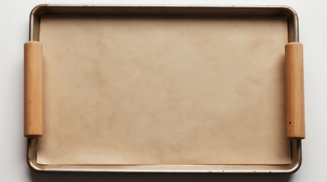 Baking sheet with parchment paper and rolling pins ready for dough preparation. Empty tray for culinary use, food prep, or baking ingredients. Clean surface for pastry making.