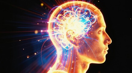 Obraz premium Human head profile glowing with bright energy, abstract neural network inside. Futuristic concept of consciousness, ideas, and innovation. Digital brain activity.