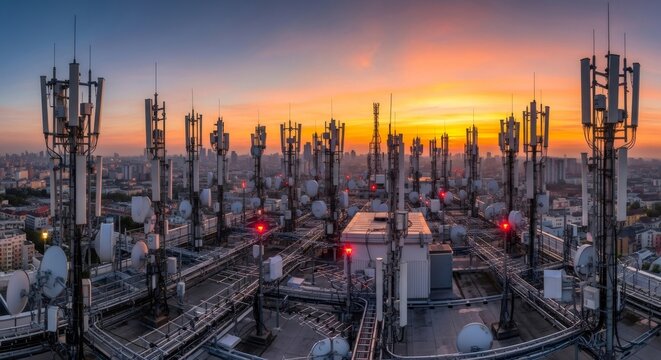 Telecommunication antenna array on rooftop with cityscape at sunset or sunrise. Mobile network 5G and 4G technology for wireless communication.