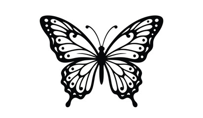Detailed black butterfly with ornate wing patterns against a white background silhouette © rsvect02