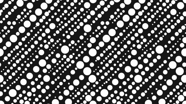 Monochrome abstract dot pattern with diagonal lines and circular shapes.