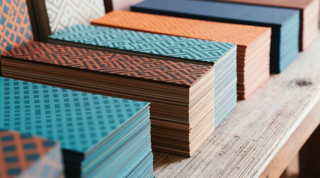 Stacks of patterned paper goods are arranged in rows. Colorful sheets feature geometric designs in teal orange and blue hues. These artisanal stationery supplies are neatly piled.