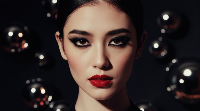 Young asian woman with bold makeup, red lips, dark eyeliner. She looks directly at camera. Background has bokeh lights. Elegant, glamorous, mysterious mood.