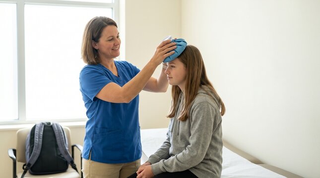 School medical emergency, Student first aid care, Nurse applying cold pack, Child safety support, School health room, Reassuring lifestyle photo