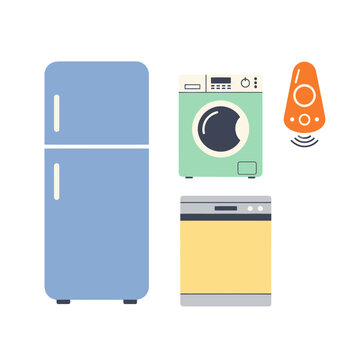 Modern Kitchen Appliances - Refrigerator, Washing Machine, Dishwasher, Smart Speaker