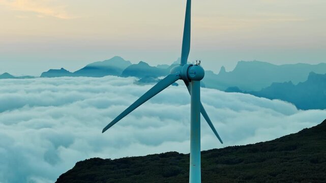 Wind power turbine in mountain location, Madeira. Sustainable economic development and renewable energy sector