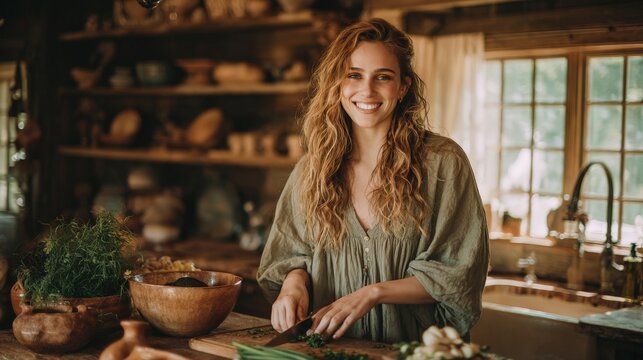 Warm light streams through window panes. Woman smiles gently while chopping vegetables. Wooden shelves hold rustic kitchenware. Her hair flows softly around her shoulders