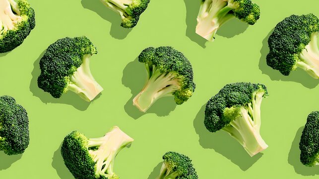 Fresh green broccoli florets arranged in a repeating pattern on a solid light green background