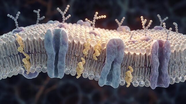 Detailed 3d illustration of a cell membrane showing embedded proteins, glycoproteins with sugar chains, and phospholipid bilayer, representing cellular biology