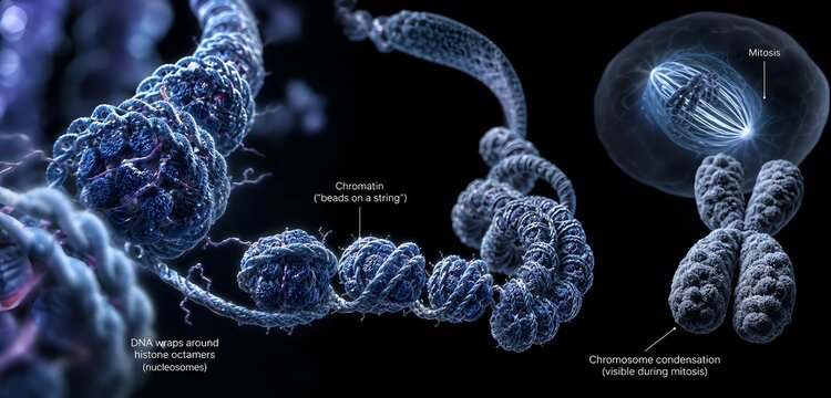 Chromatin fiber coiling into condensed chromosomes, with spindle fiber attachment and sister chromatid separation, perfect for genetics and cell biology education