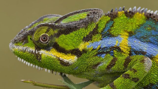 Panther Chameleon Furcifer pardalis, Close-up Portrait of Exotic Reptile from Madagascar, Africa